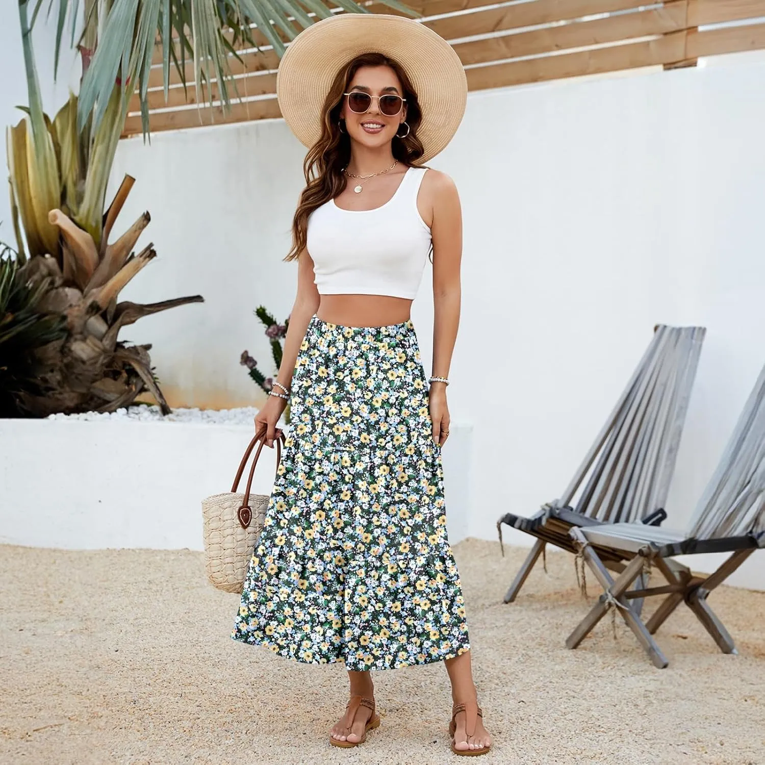 NILOUFO Women Summer Casual Maxi Skirt Fashion High Waist Elastic Tiered Pleated Beach Skirts with Pockets
