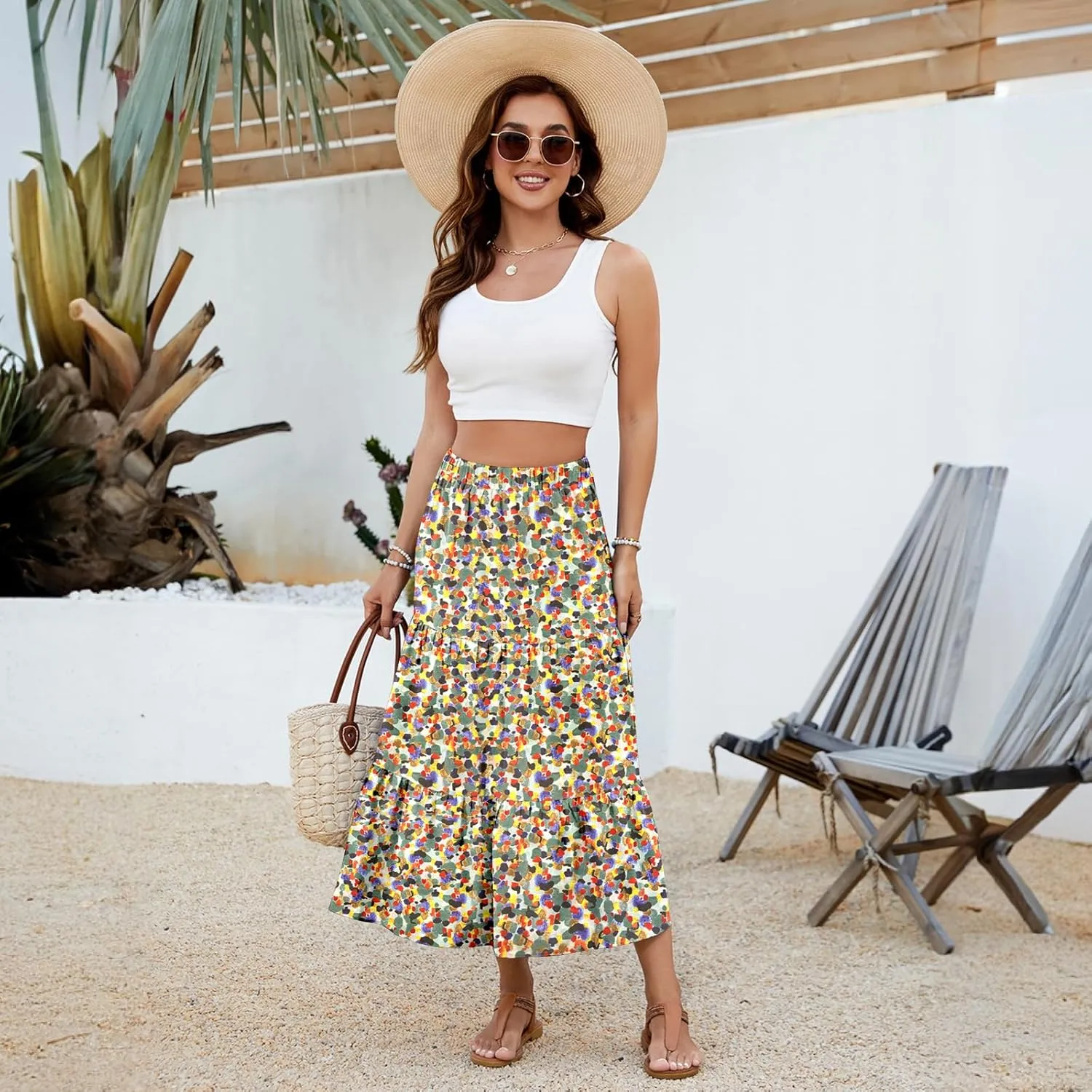 NILOUFO Women Summer Casual Maxi Skirt Fashion High Waist Elastic Tiered Pleated Beach Skirts with Pockets