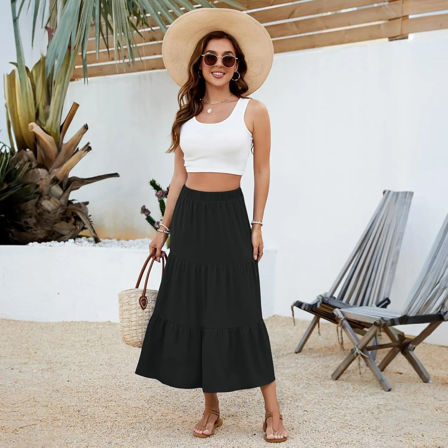 NILOUFO Women Summer Casual Maxi Skirt Fashion High Waist Elastic Tiered Pleated Beach Skirts with Pockets