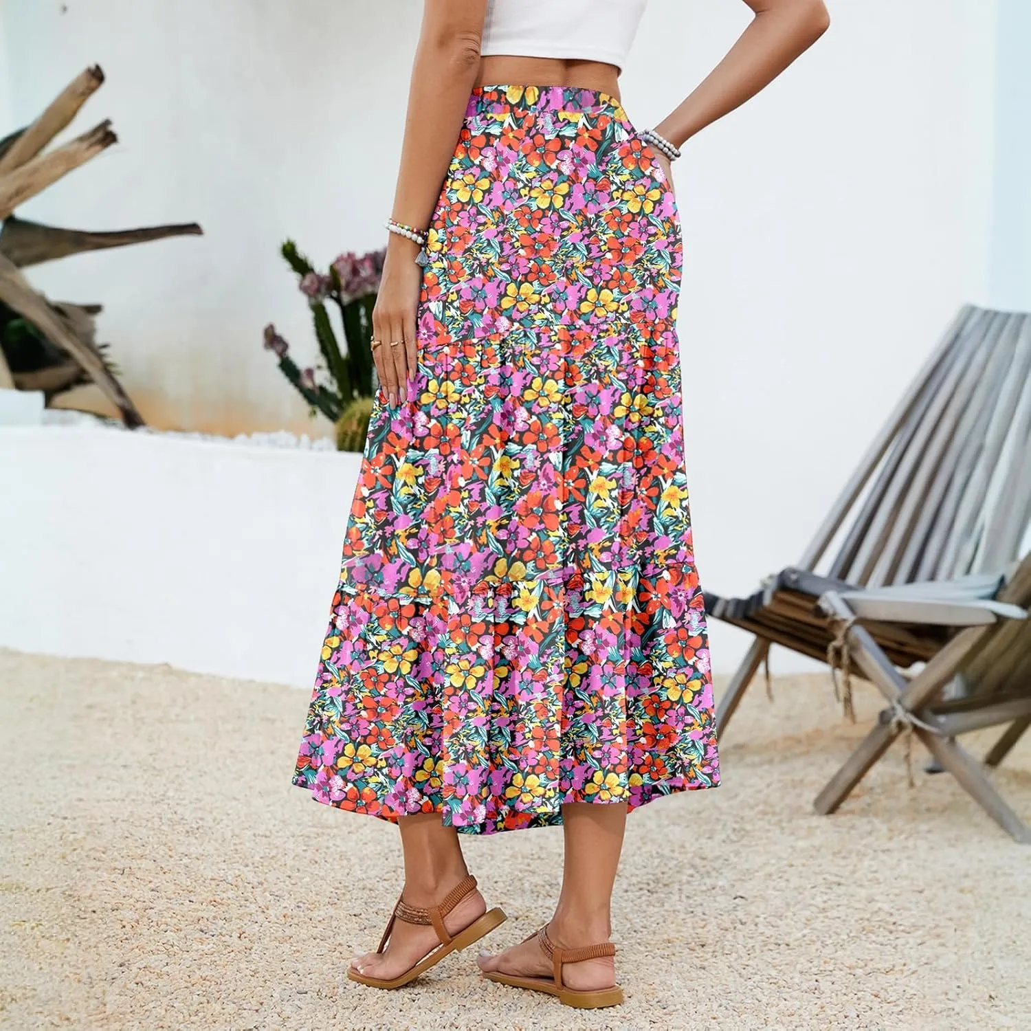 NILOUFO Women Summer Casual Maxi Skirt Fashion High Waist Elastic Tiered Pleated Beach Skirts with Pockets