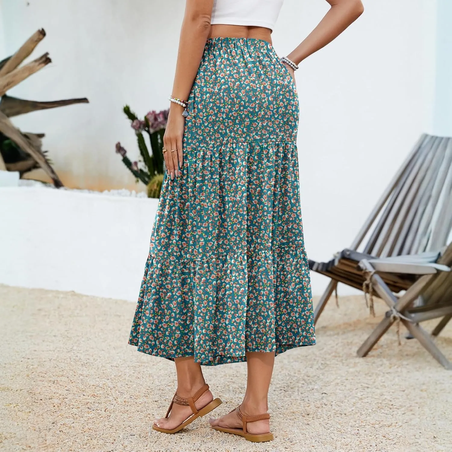 NILOUFO Women Summer Casual Maxi Skirt Fashion High Waist Elastic Tiered Pleated Beach Skirts with Pockets