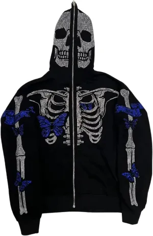 Nituyy Women Oversized Zip Up Hoodie Jacket Long Sleveve Diamond Skull Casual Grunge Hooded Sweatshirt with Pockets