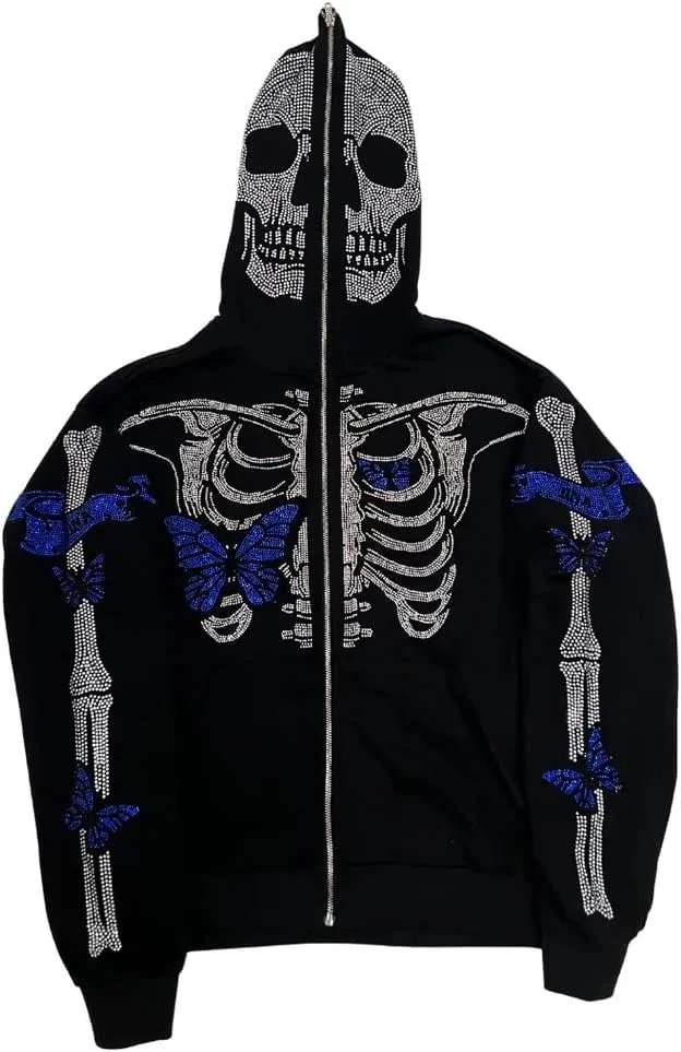 Nituyy Women Oversized Zip Up Hoodie Jacket Long Sleveve Diamond Skull Casual Grunge Hooded Sweatshirt with Pockets