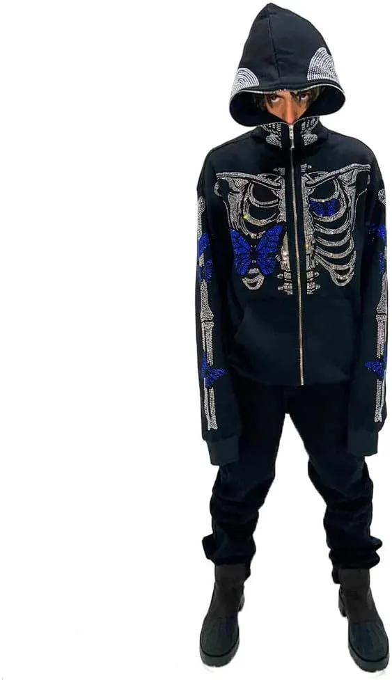 Nituyy Women Oversized Zip Up Hoodie Jacket Long Sleveve Diamond Skull Casual Grunge Hooded Sweatshirt with Pockets