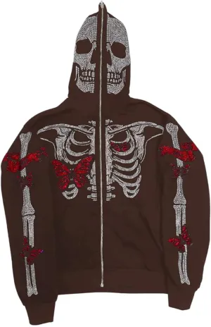 Nituyy Women Oversized Zip Up Hoodie Jacket Long Sleveve Diamond Skull Casual Grunge Hooded Sweatshirt with Pockets