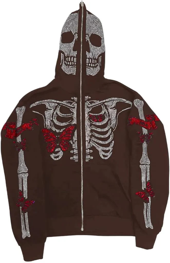 Nituyy Women Oversized Zip Up Hoodie Jacket Long Sleveve Diamond Skull Casual Grunge Hooded Sweatshirt with Pockets