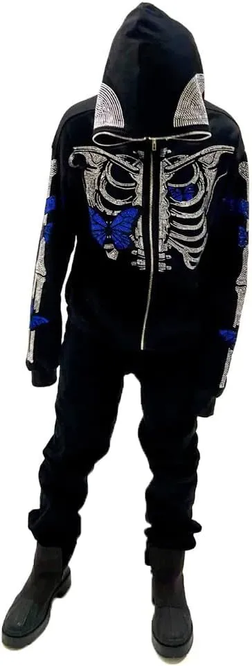 Nituyy Women Oversized Zip Up Hoodie Jacket Long Sleveve Diamond Skull Casual Grunge Hooded Sweatshirt with Pockets