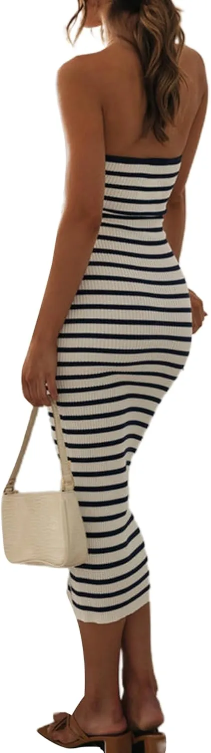 NUFIWI Women Summer Strapless Knitted Long Dress Off Shoulder Striped Cutout Midi Dress Bodycon Backless Beach Sun Dress