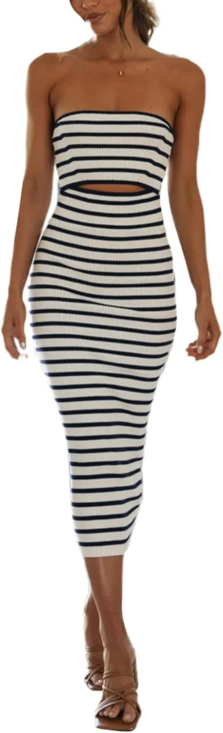 NUFIWI Women Summer Strapless Knitted Long Dress Off Shoulder Striped Cutout Midi Dress Bodycon Backless Beach Sun Dress