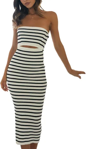 NUFIWI Women Summer Strapless Knitted Long Dress Off Shoulder Striped Cutout Midi Dress Bodycon Backless Beach Sun Dress