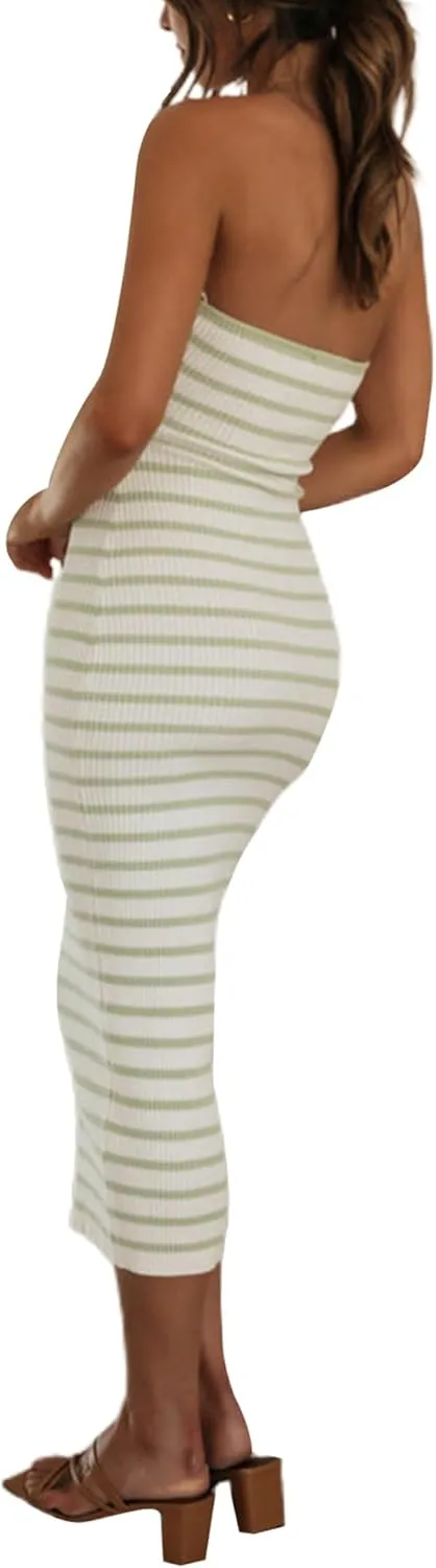 NUFIWI Women Summer Strapless Knitted Long Dress Off Shoulder Striped Cutout Midi Dress Bodycon Backless Beach Sun Dress