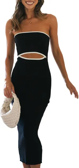 NUFIWI Women Summer Strapless Knitted Long Dress Off Shoulder Striped Cutout Midi Dress Bodycon Backless Beach Sun Dress