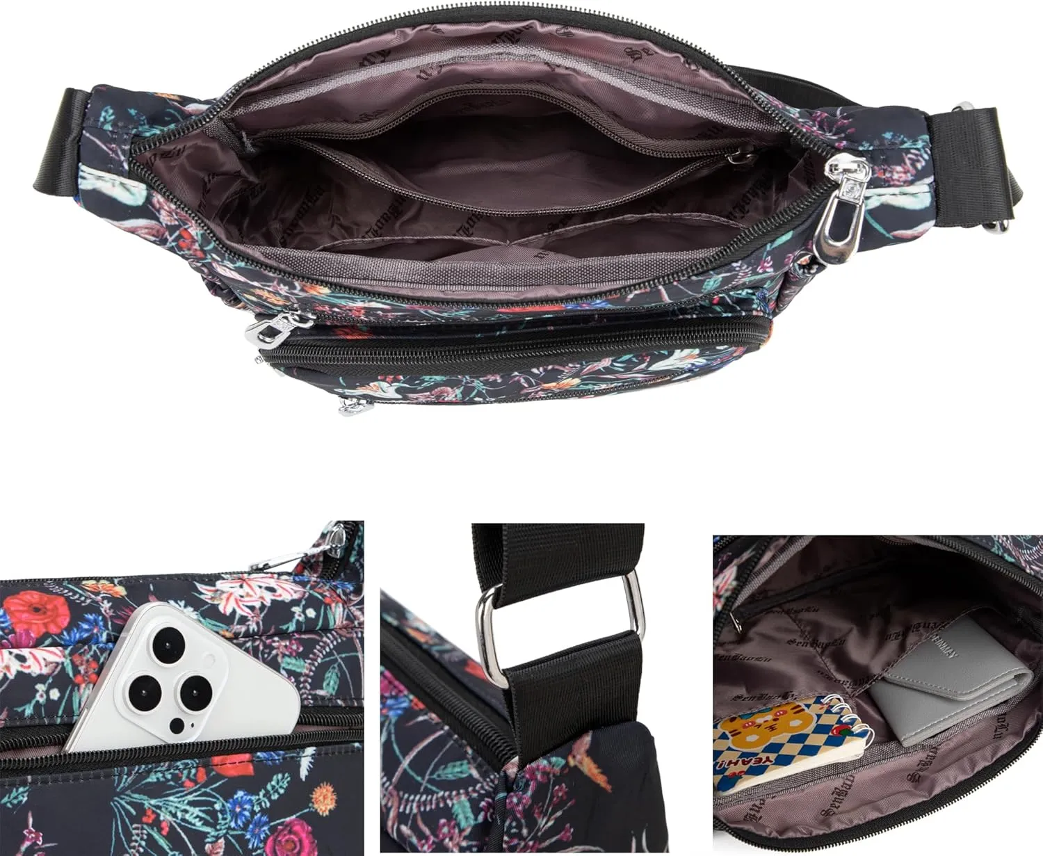 Nylon Floral Multi-Pocket Crossbody Purse Bags for Women Travel Shoulder Bag