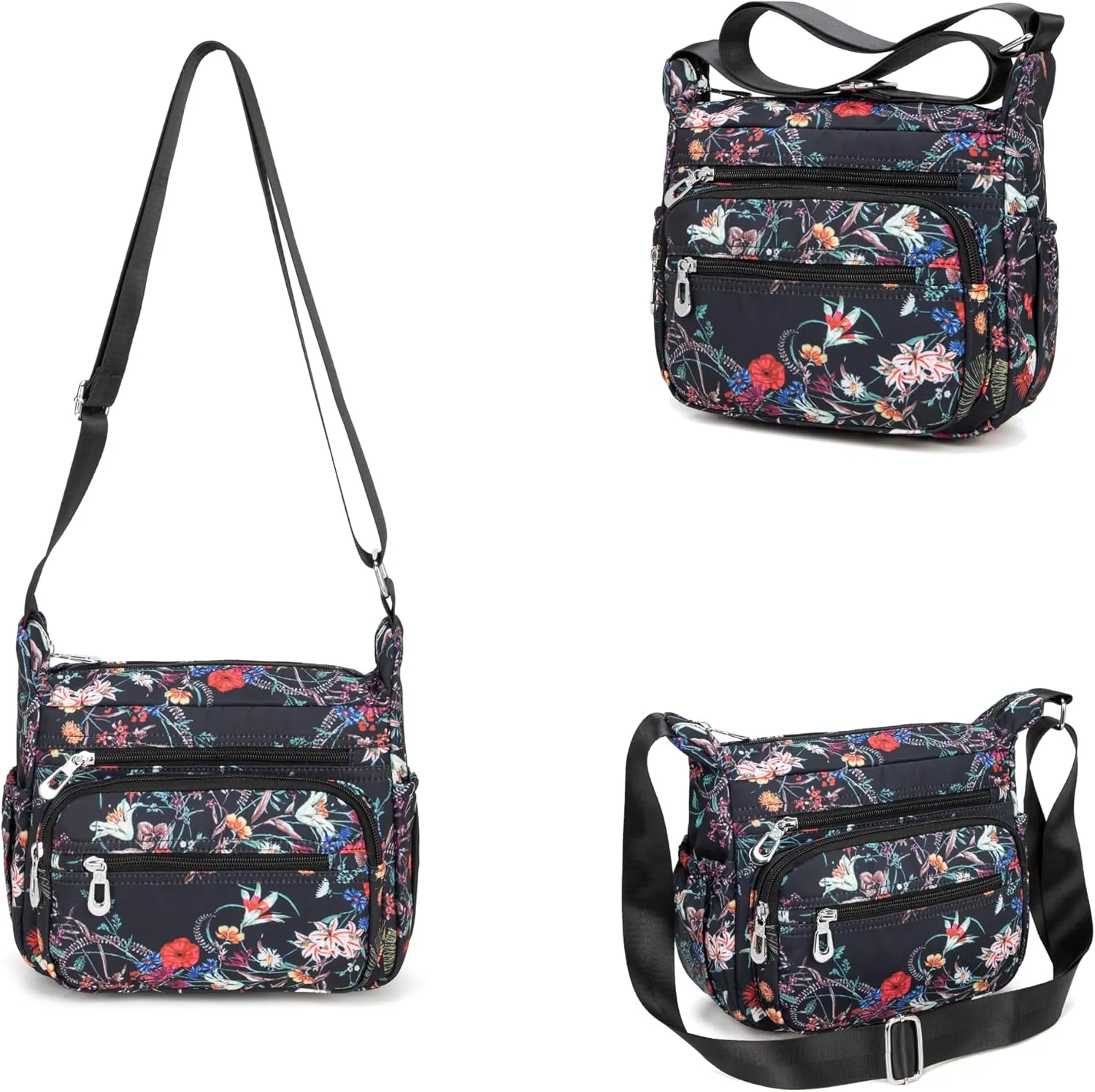 Nylon Floral Multi-Pocket Crossbody Purse Bags for Women Travel Shoulder Bag