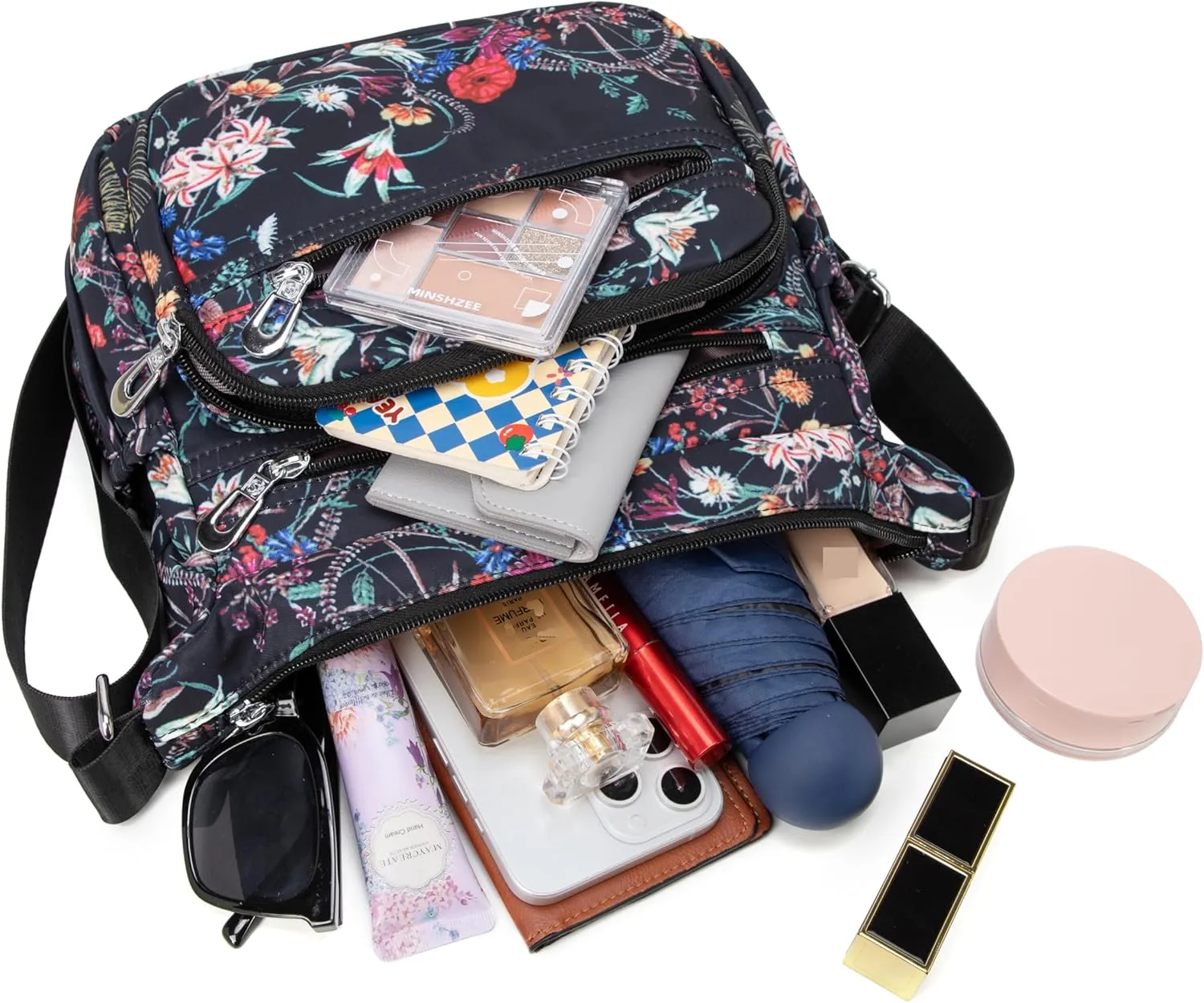 Nylon Floral Multi-Pocket Crossbody Purse Bags for Women Travel Shoulder Bag