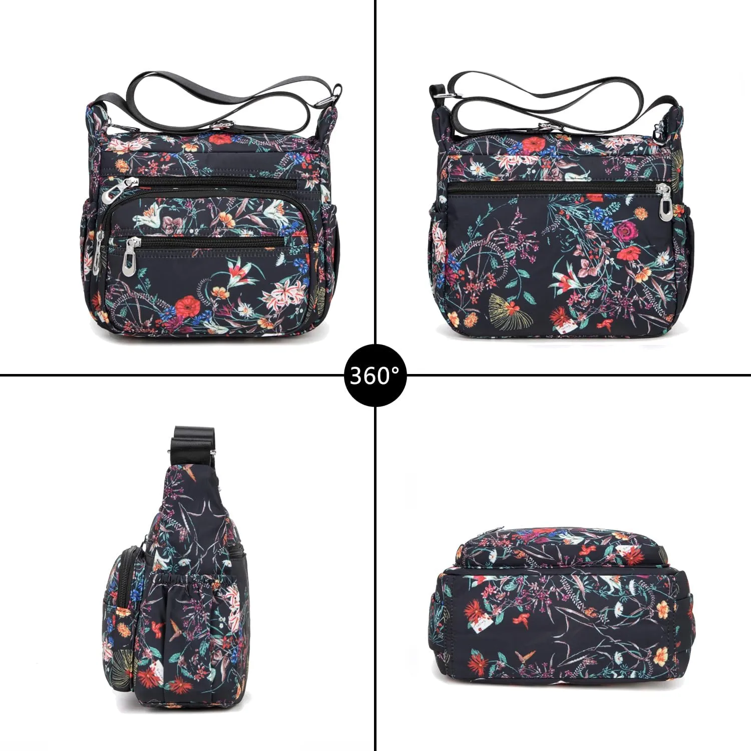 Nylon Floral Multi-Pocket Crossbody Purse Bags for Women Travel Shoulder Bag