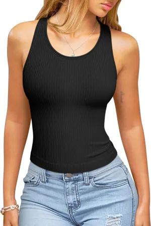 OQQ Womens Tank Tops with Medium Support Removeable Bra Crew Neck Stretch Casusal Crop Camis