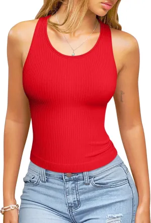 OQQ Womens Tank Tops with Medium Support Removeable Bra Crew Neck Stretch Casusal Crop Camis