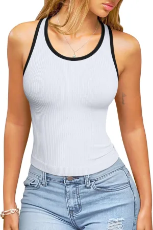 OQQ Womens Tank Tops with Medium Support Removeable Bra Crew Neck Stretch Casusal Crop Camis