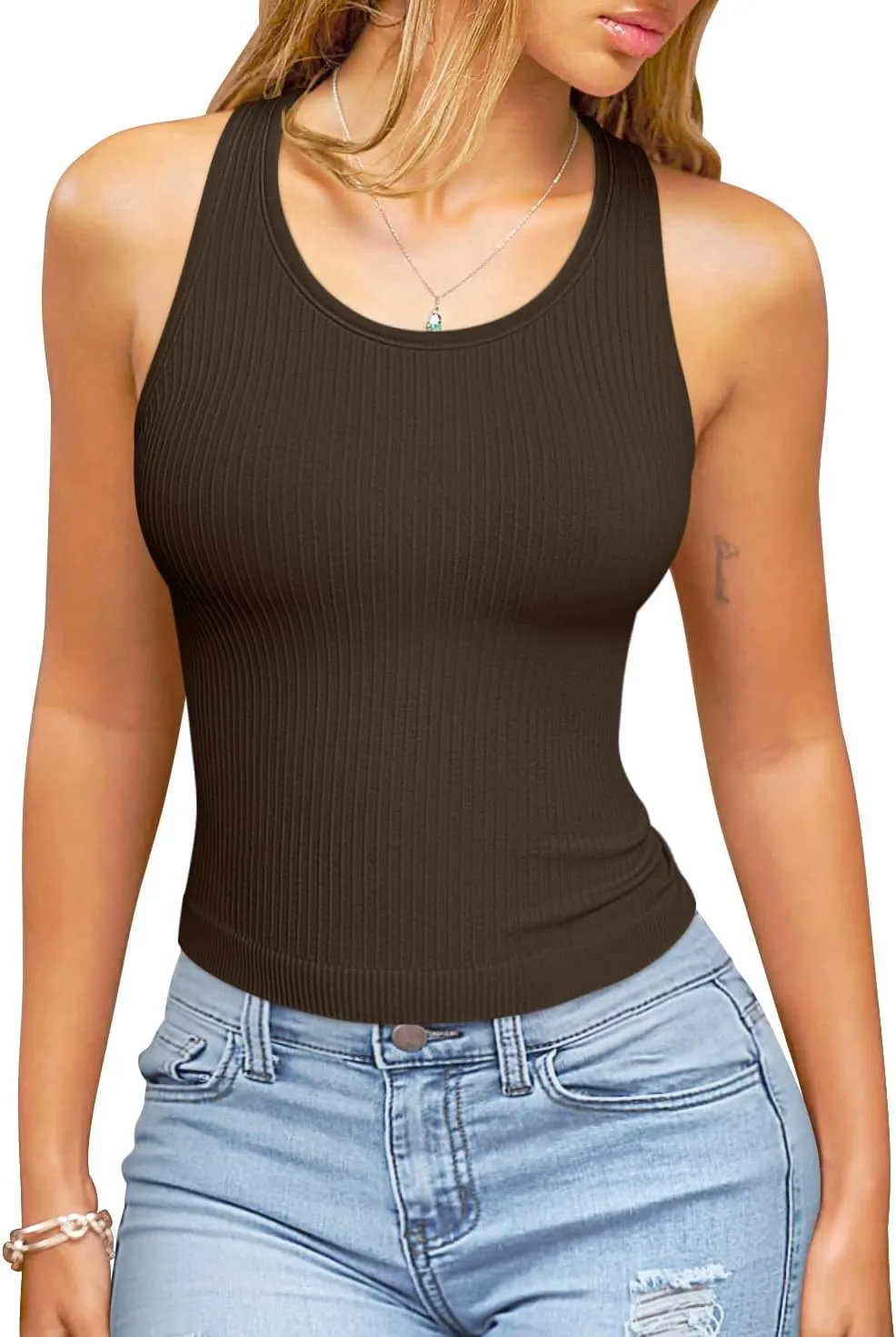 OQQ Womens Tank Tops with Medium Support Removeable Bra Crew Neck Stretch Casusal Crop Camis