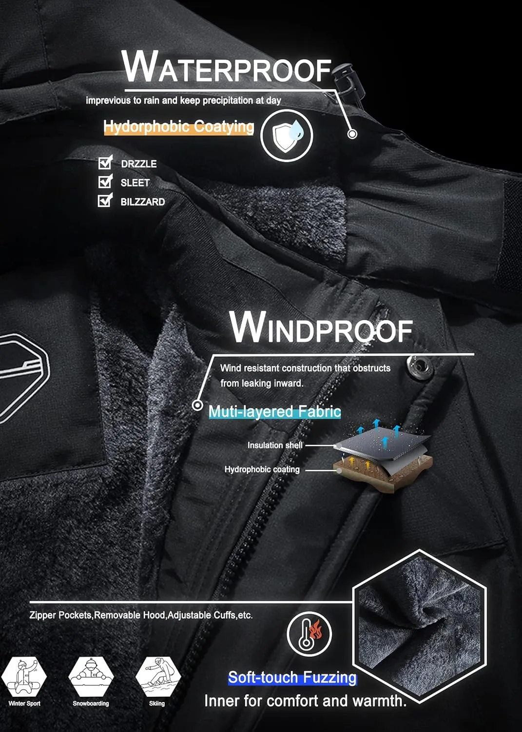 OTU Men's Waterproof Ski Jacket Snowboarding Windbreaker Warm Winter Hooded Mountain Snow Coat
