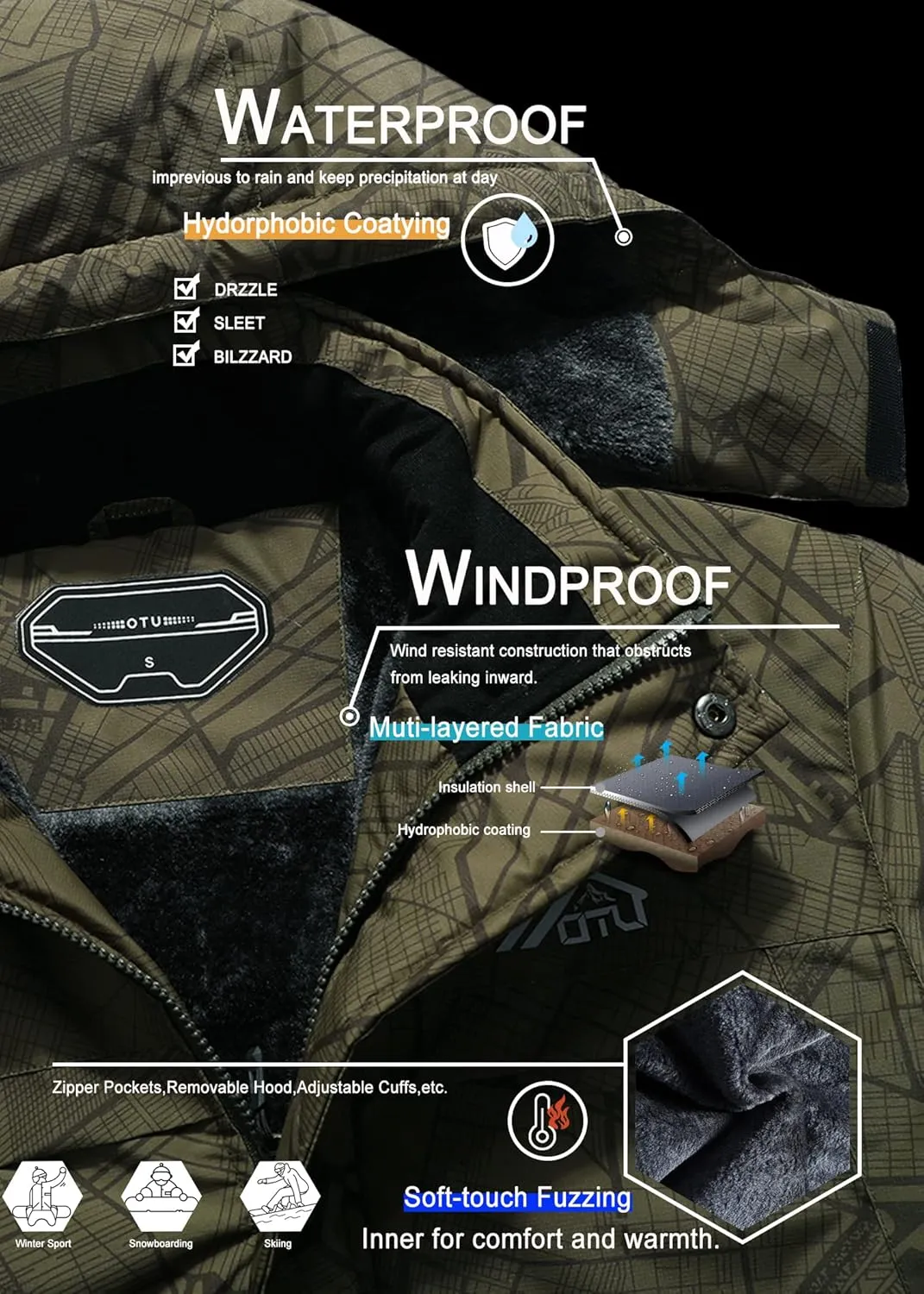 OTU Men's Waterproof Ski Jacket Snowboarding Windbreaker Warm Winter Hooded Mountain Snow Coat