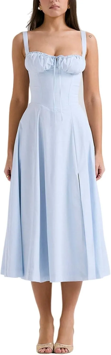 OUSHOP Floral Midi Corset Dress for Women Boho Flowy Slit Lace Up Dresses Square Neck Going Out A Line Casual Beach Sundress