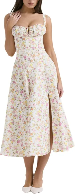 OUSHOP Floral Midi Corset Dress for Women Boho Flowy Slit Lace Up Dresses Square Neck Going Out A Line Casual Beach Sundress