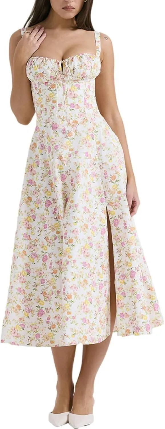 OUSHOP Floral Midi Corset Dress for Women Boho Flowy Slit Lace Up Dresses Square Neck Going Out A Line Casual Beach Sundress