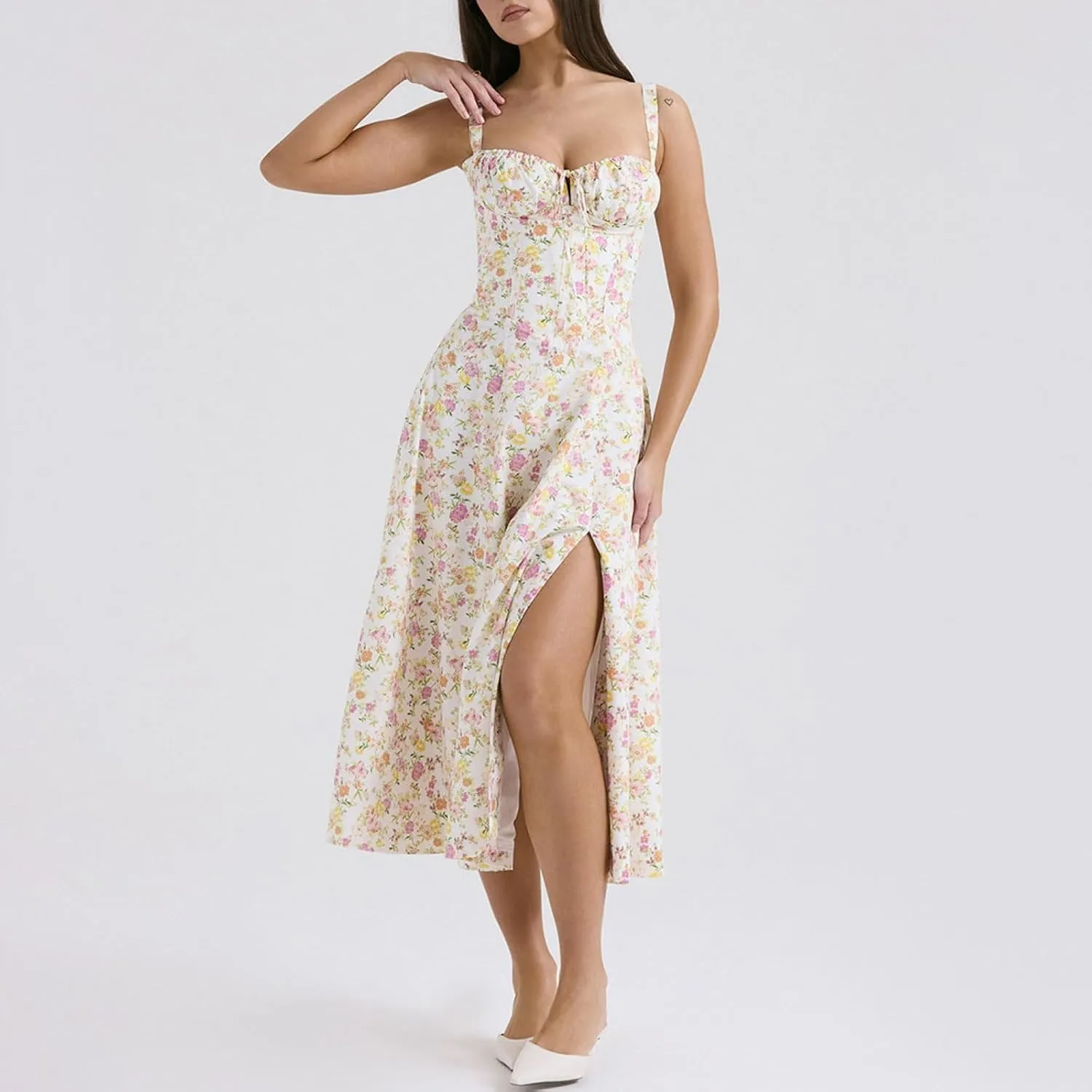 OUSHOP Floral Midi Corset Dress for Women Boho Flowy Slit Lace Up Dresses Square Neck Going Out A Line Casual Beach Sundress