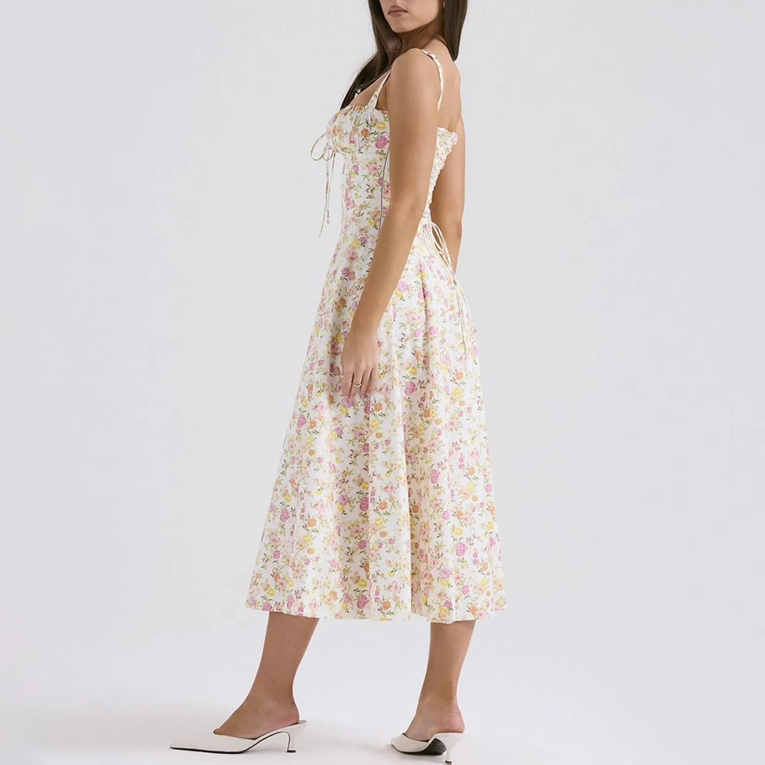 OUSHOP Floral Midi Corset Dress for Women Boho Flowy Slit Lace Up Dresses Square Neck Going Out A Line Casual Beach Sundress