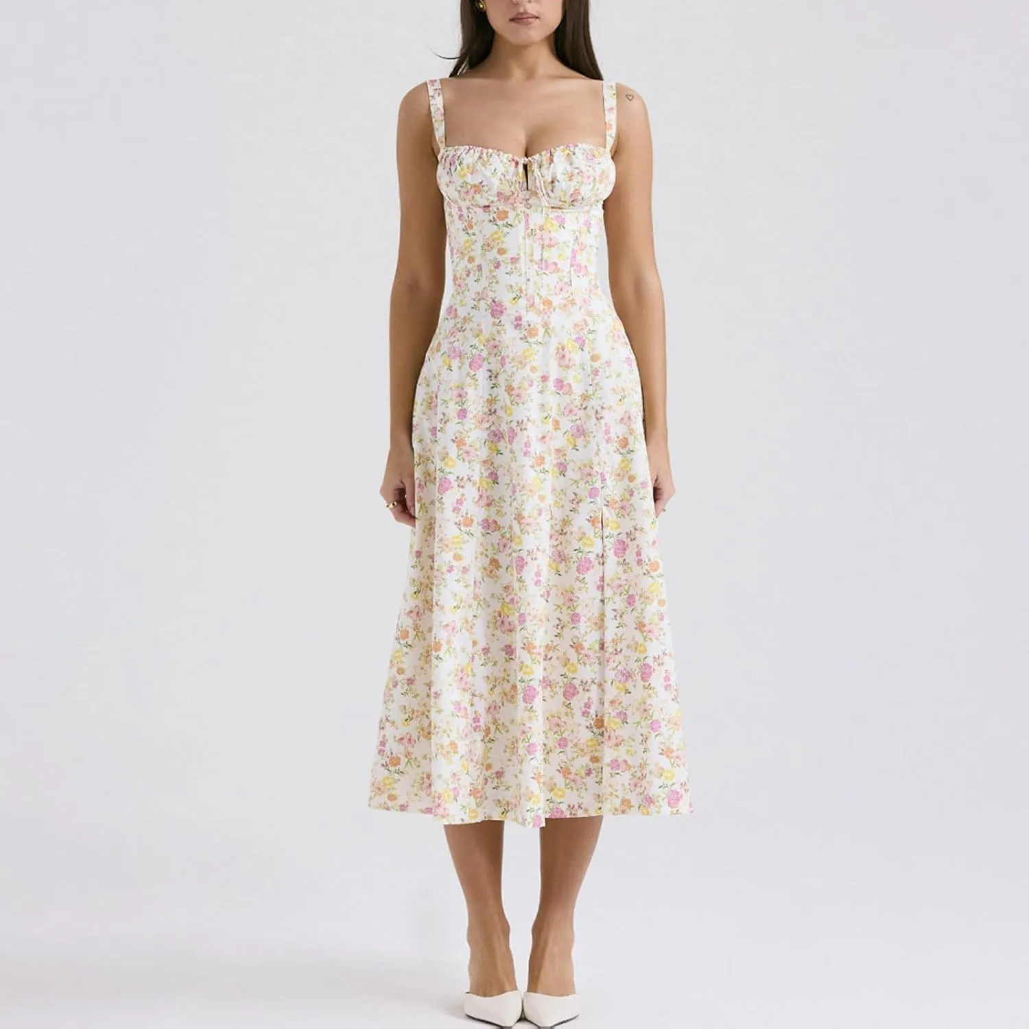 OUSHOP Floral Midi Corset Dress for Women Boho Flowy Slit Lace Up Dresses Square Neck Going Out A Line Casual Beach Sundress
