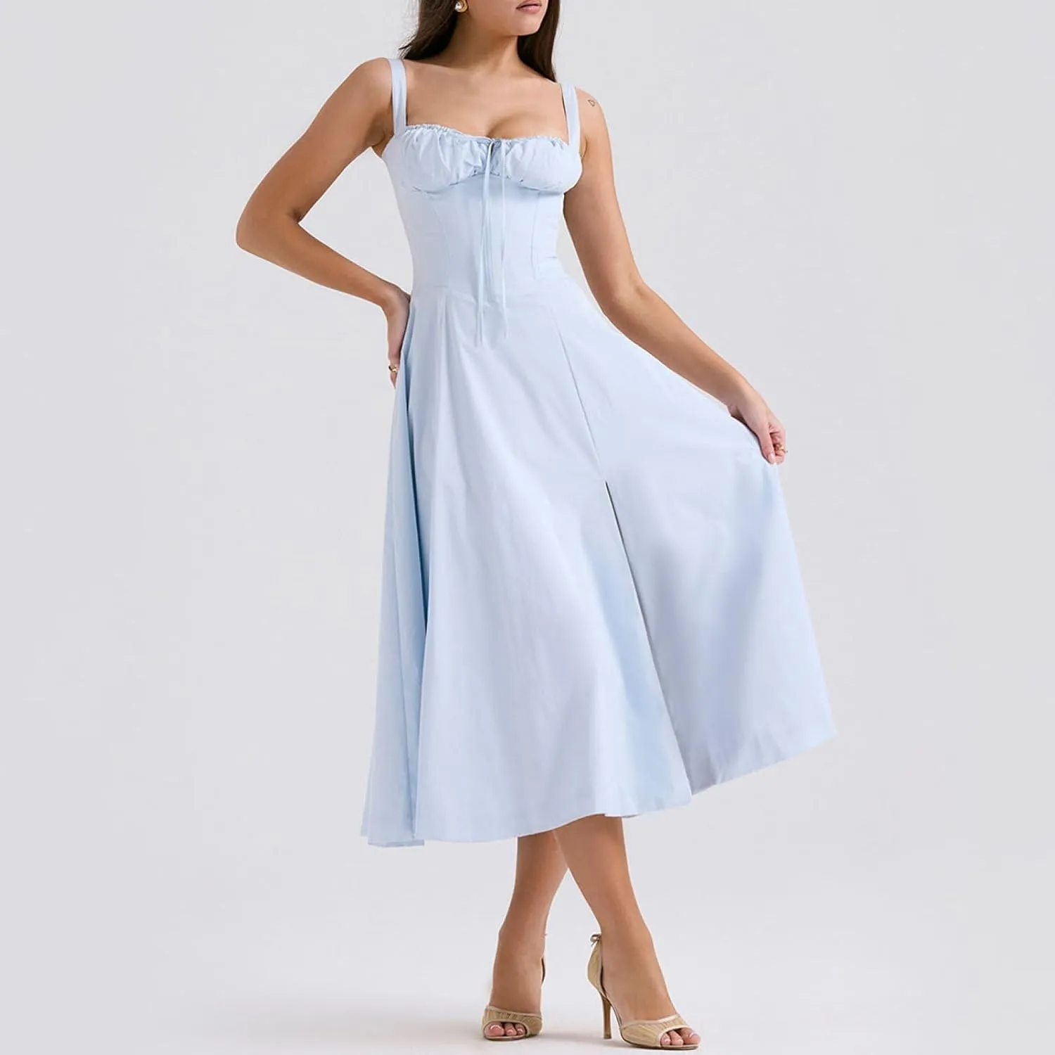 OUSHOP Floral Midi Corset Dress for Women Boho Flowy Slit Lace Up Dresses Square Neck Going Out A Line Casual Beach Sundress