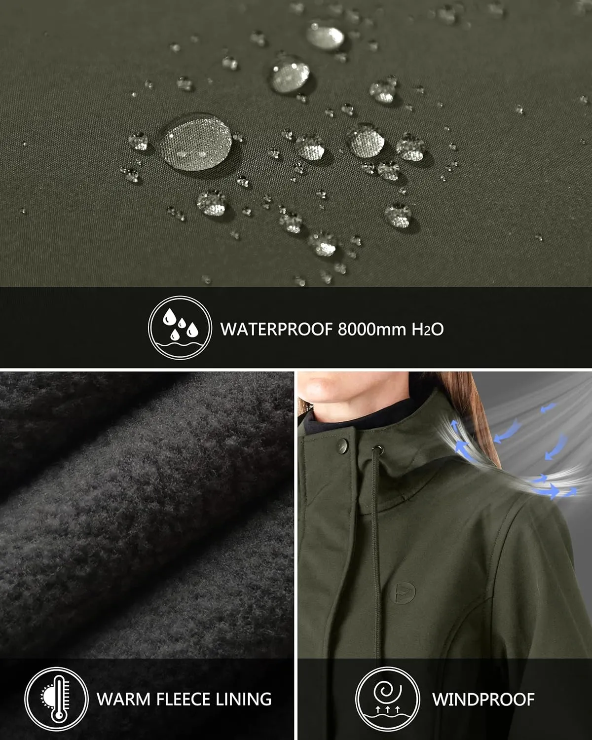 Outdoor Ventures Women's Lightweight Waterproof Fleece Lined Hooded Softshell Rain Jacket, Warm Windbreaker Long Coat
