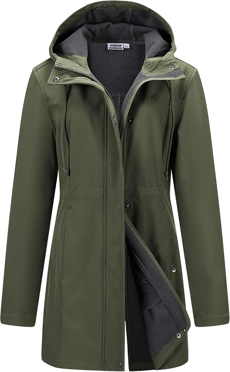 Outdoor Ventures Women's Lightweight Waterproof Fleece Lined Hooded Softshell Rain Jacket, Warm Windbreaker Long Coat