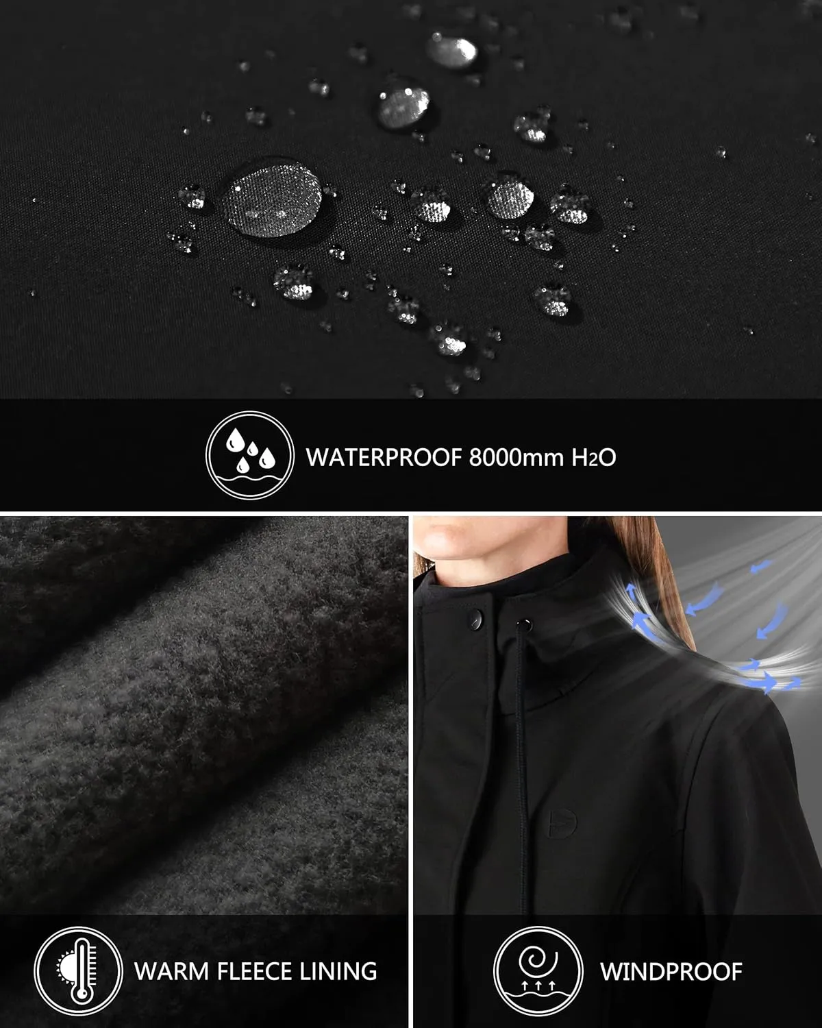 Outdoor Ventures Women's Lightweight Waterproof Fleece Lined Hooded Softshell Rain Jacket, Warm Windbreaker Long Coat
