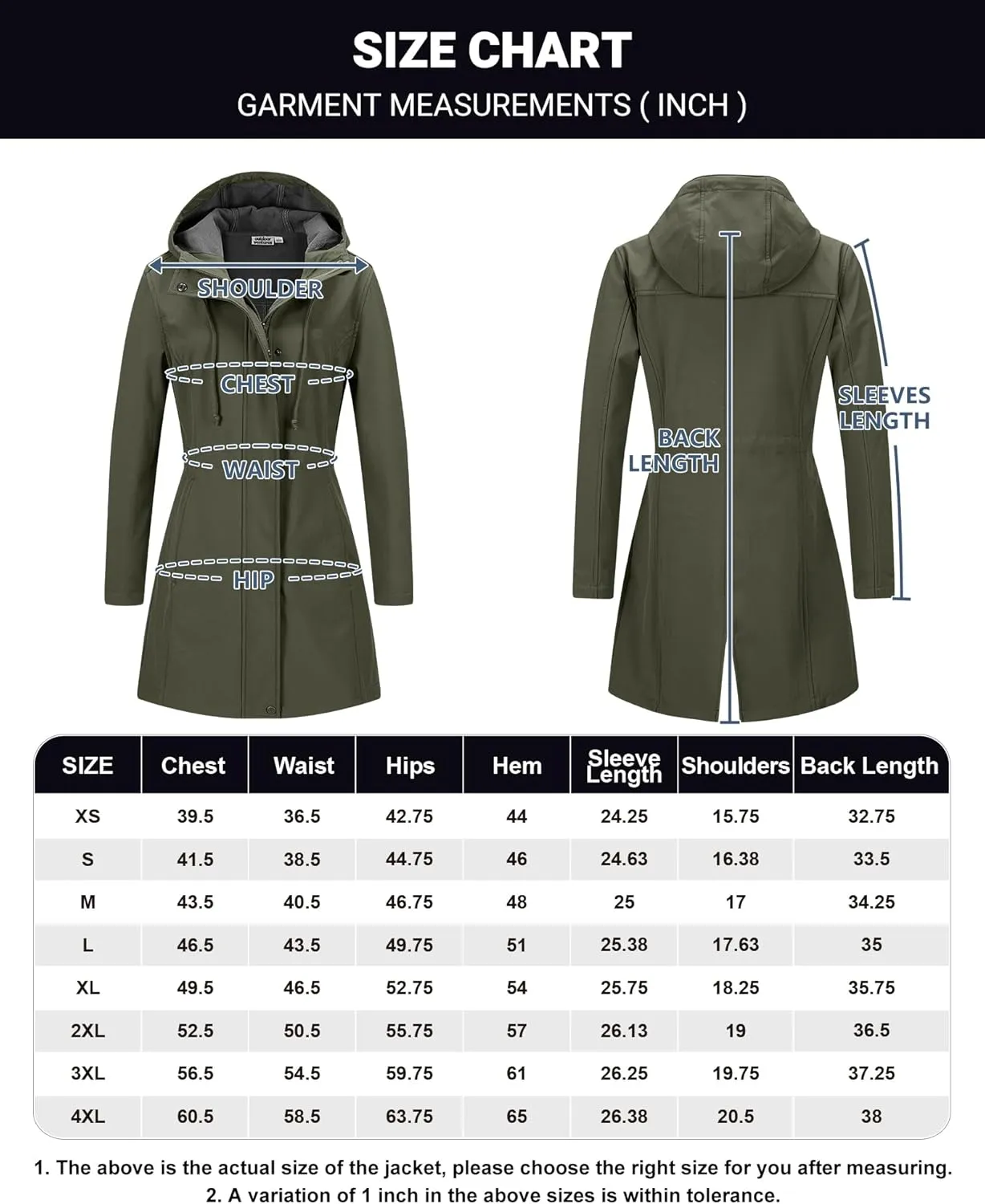 Outdoor Ventures Women's Lightweight Waterproof Fleece Lined Hooded Softshell Rain Jacket, Warm Windbreaker Long Coat