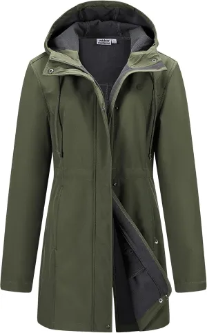 Outdoor Ventures Women's Lightweight Waterproof Fleece Lined Hooded Softshell Rain Jacket, Warm Windbreaker Long Coat