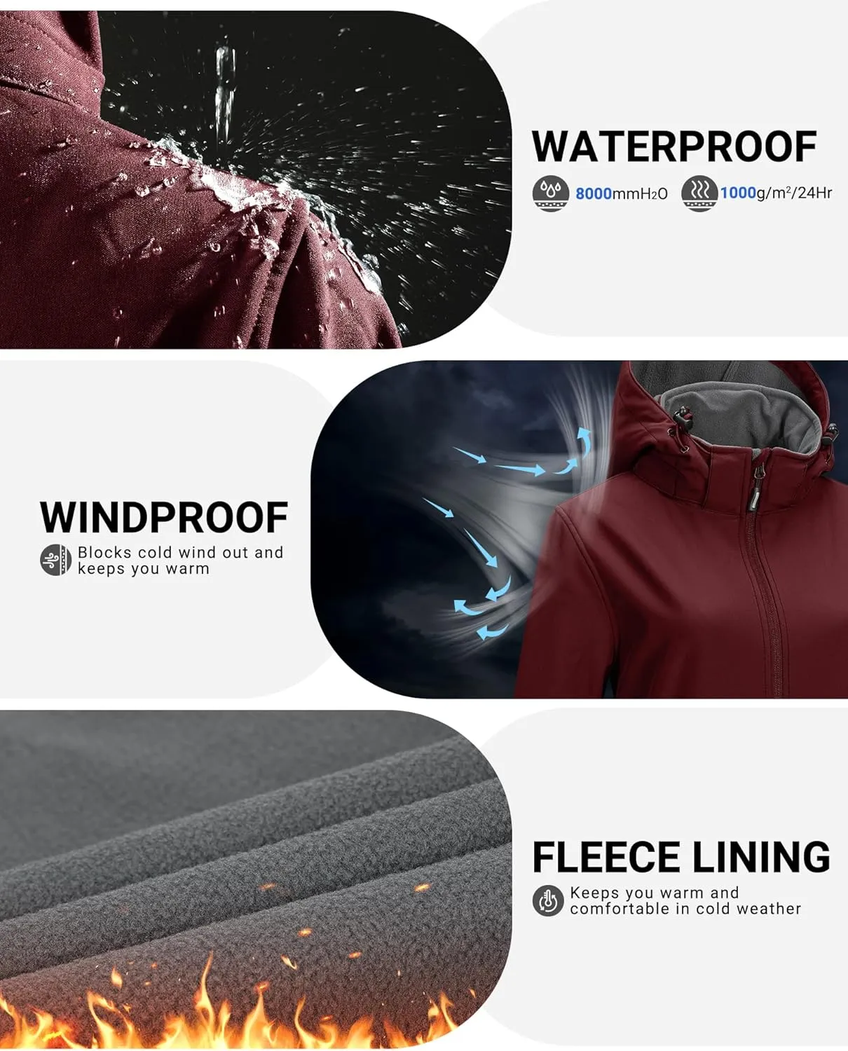 Outdoor Ventures Women's Softshell Jacket with Removable Hood Fleece Lined Windbreaker Insulated Long Warm Rain Jacket