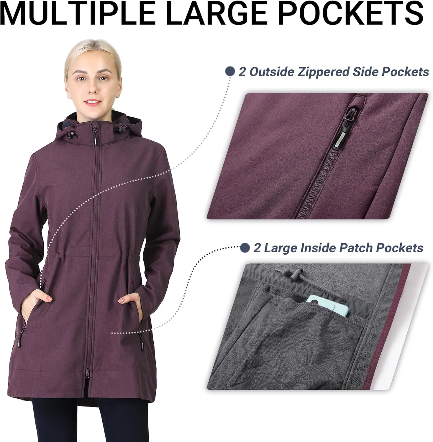 Outdoor Ventures Women's Softshell Jacket with Removable Hood Fleece Lined Windbreaker Insulated Long Warm Rain Jacket