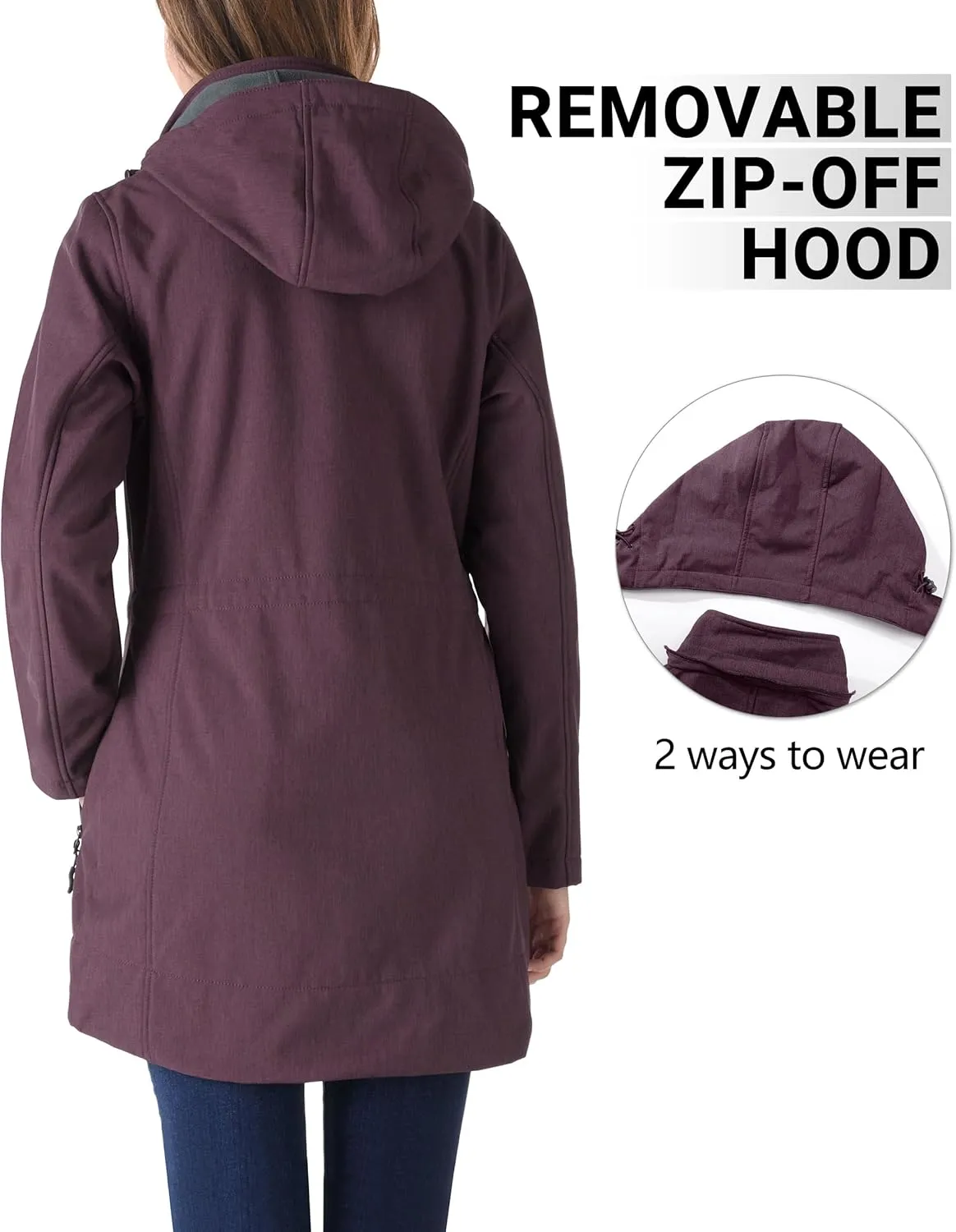 Outdoor Ventures Women's Softshell Jacket with Removable Hood Fleece Lined Windbreaker Insulated Long Warm Rain Jacket