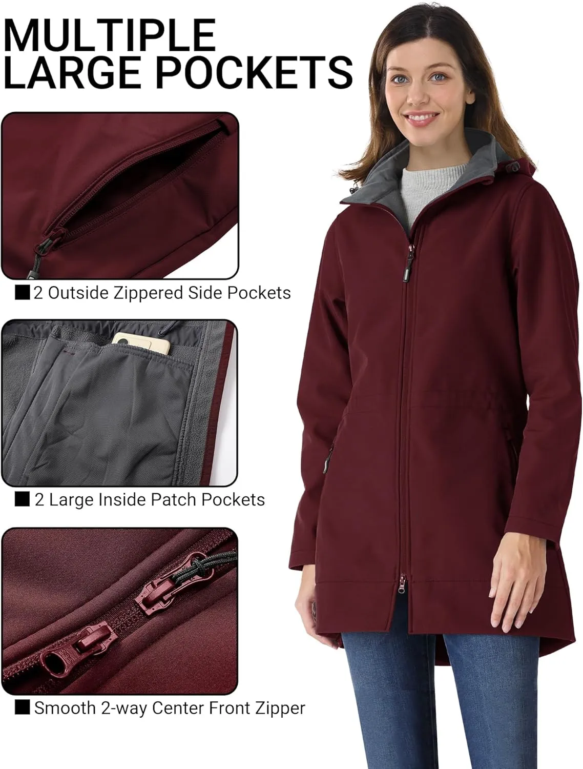 Outdoor Ventures Women's Softshell Jacket with Removable Hood Fleece Lined Windbreaker Insulated Long Warm Rain Jacket