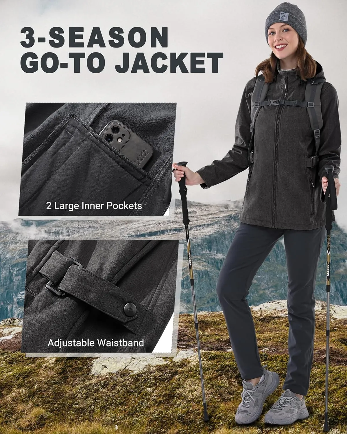 Outdoor Ventures Women's Softshell Jacket with Removable Hood, Insulated Windbreaker Waterproof Warm Fleece Lined Coat