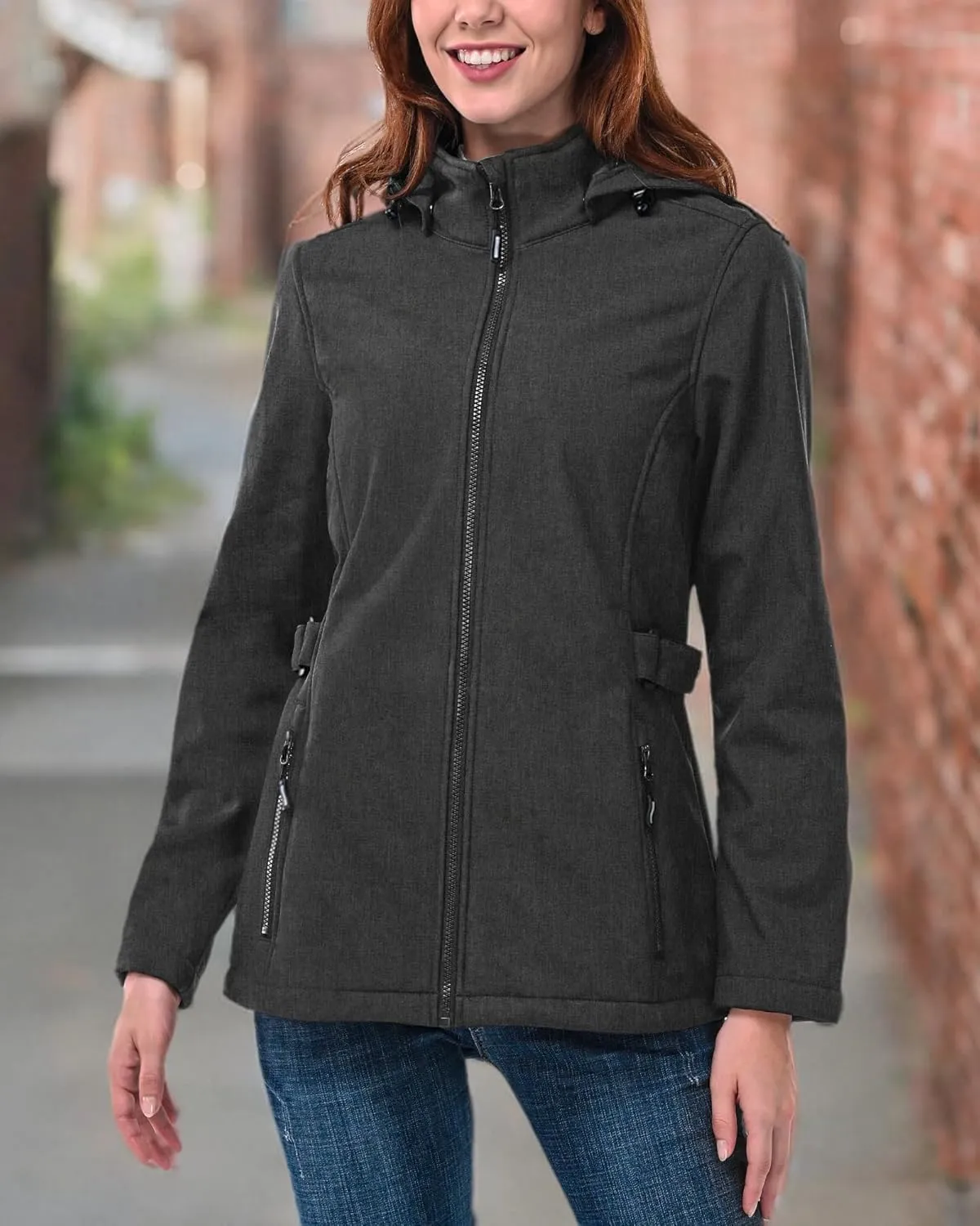 Outdoor Ventures Women's Softshell Jacket with Removable Hood, Insulated Windbreaker Waterproof Warm Fleece Lined Coat