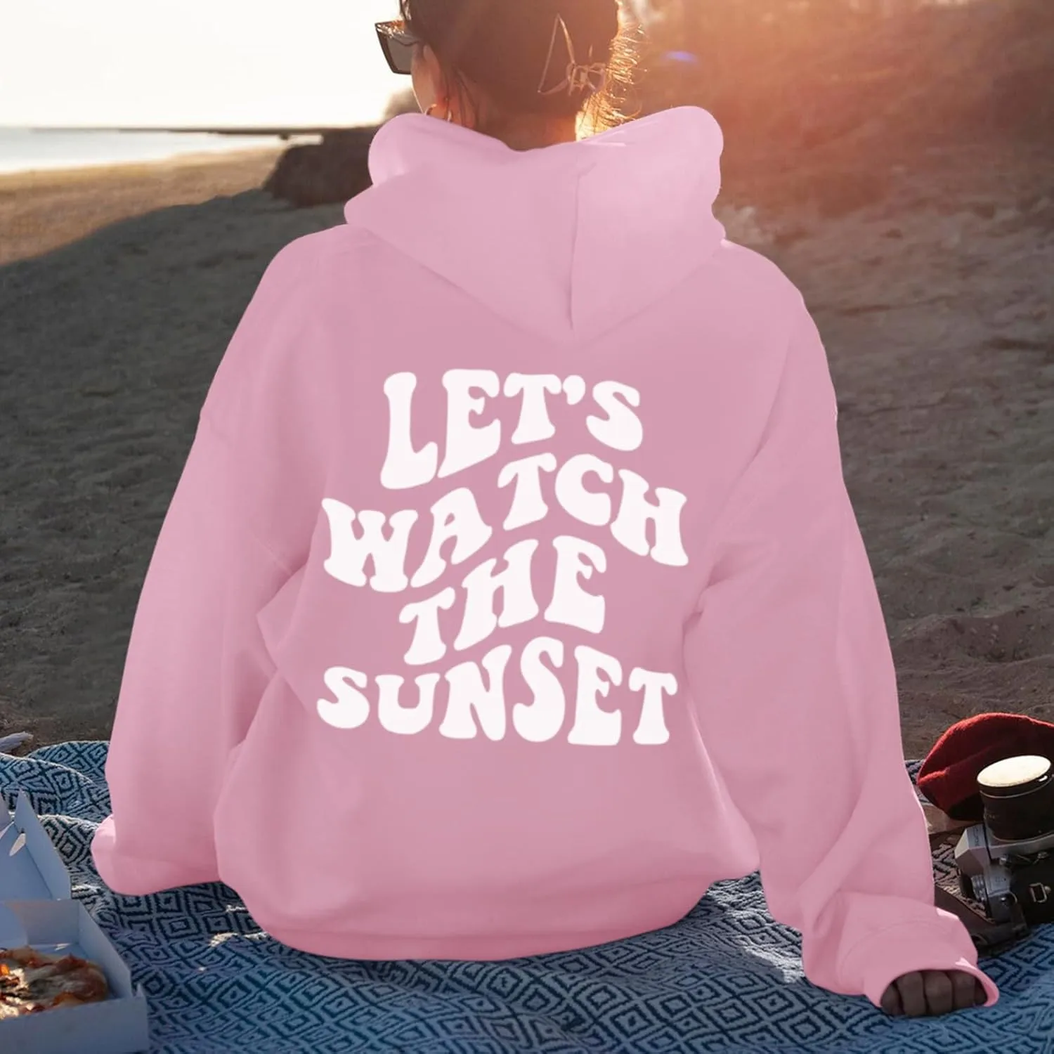 Oversized Cute Aesthetic Graphic Hoodies Sunset Letter Print Preppy Sweatshirt for Women Teen Girls Trendy Pullover