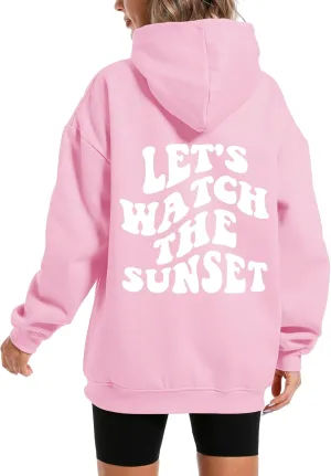 Oversized Cute Aesthetic Graphic Hoodies Sunset Letter Print Preppy Sweatshirt for Women Teen Girls Trendy Pullover