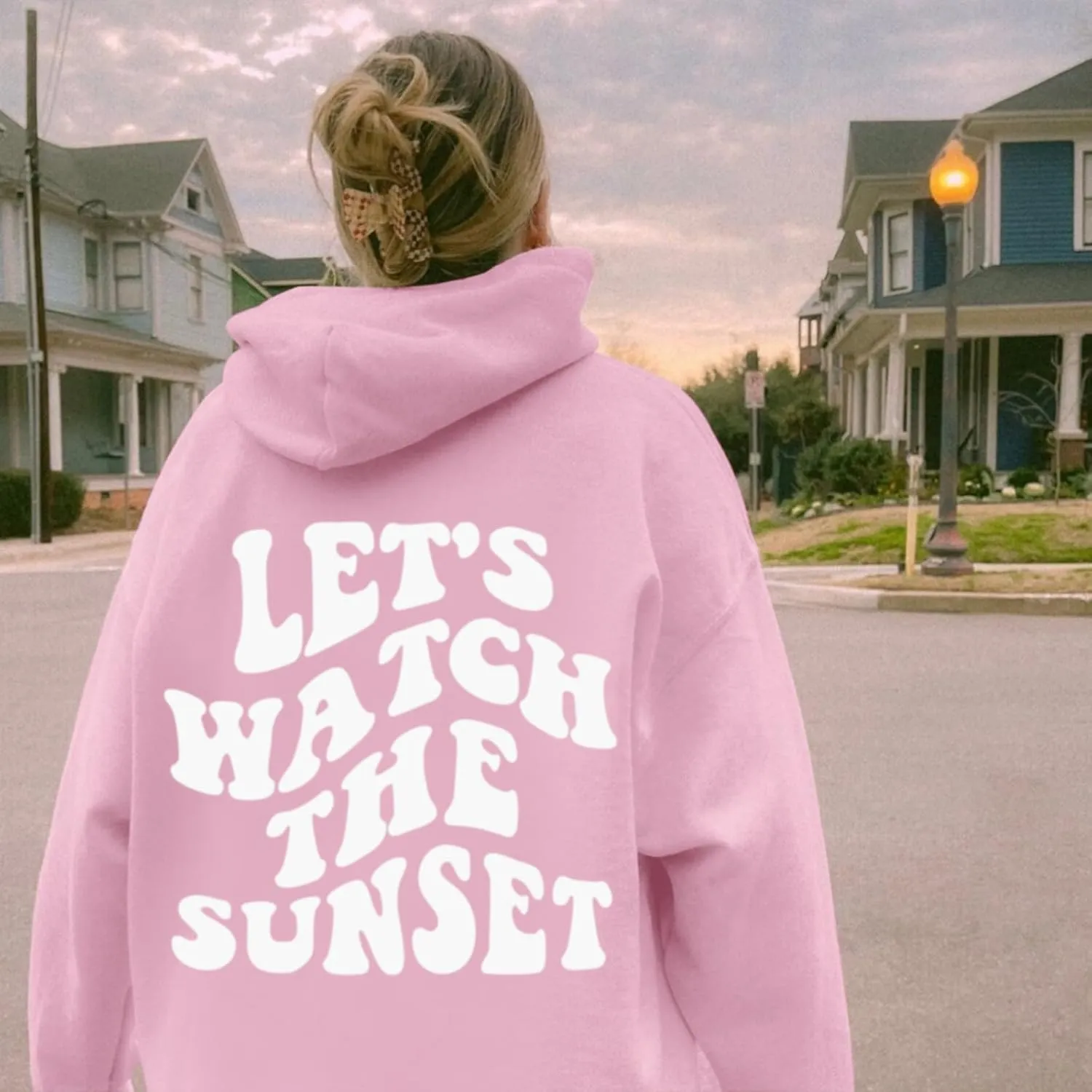 Oversized Cute Aesthetic Graphic Hoodies Sunset Letter Print Preppy Sweatshirt for Women Teen Girls Trendy Pullover