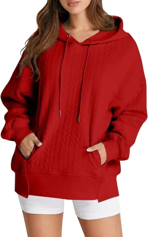Oversized Hoodies for Women Trendy Jacquard Knit Sweater Drawstring Casual Long Sleeve Hooded Sweatshirt with Pocket