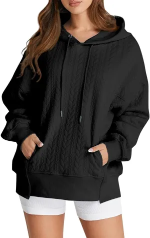 Oversized Hoodies for Women Trendy Jacquard Knit Sweater Drawstring Casual Long Sleeve Hooded Sweatshirt with Pocket
