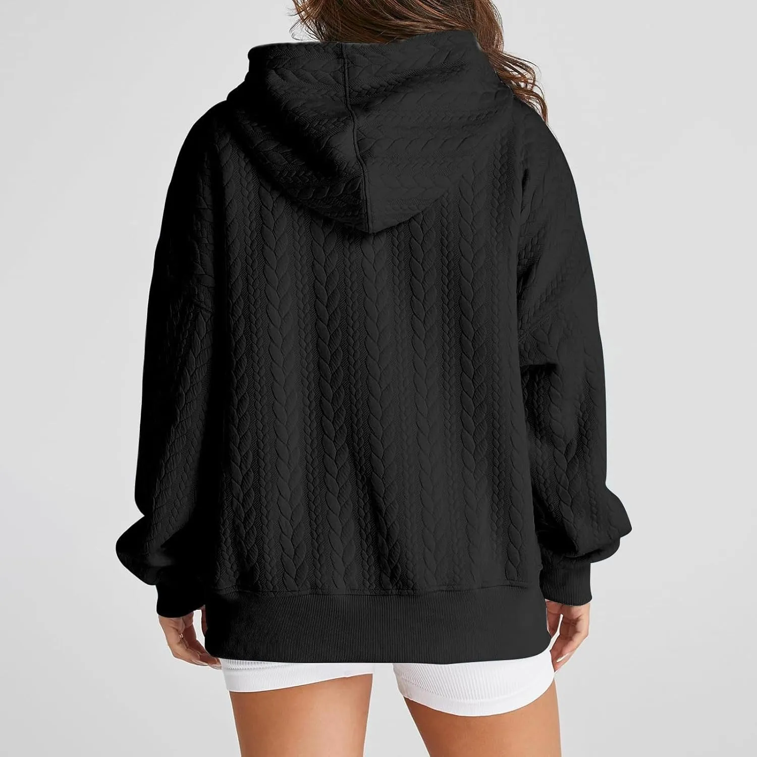 Oversized Hoodies for Women Trendy Jacquard Knit Sweater Drawstring Casual Long Sleeve Hooded Sweatshirt with Pocket